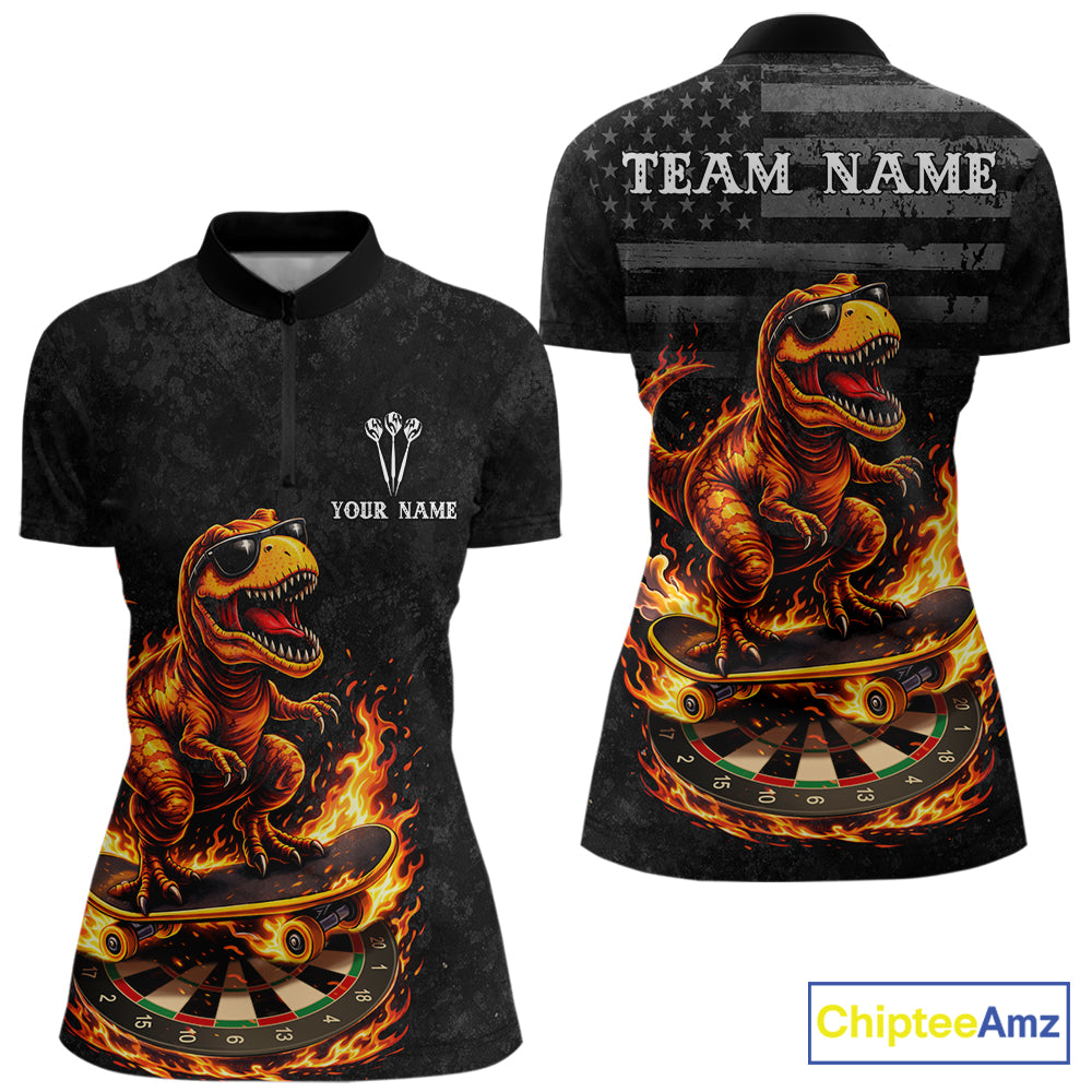 Custom Grunge Flame Dinosaur Darts Shirt Polo & 1/4 Zip Darts Jersey For Women US Flag Dart Outfit NYN2884