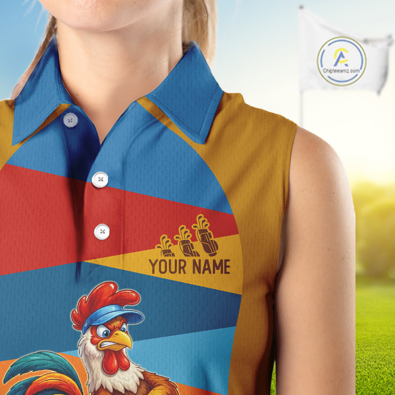 Colorful Rooster Womens Golf Sleeveless Polo Shirts Personalized Funny Golf Ball Shirts, Golf Gifts For Women NYN3098
