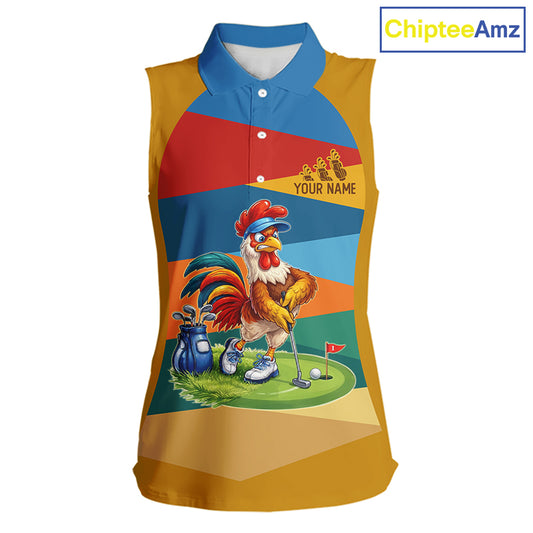Colorful Rooster Womens Golf Sleeveless Polo Shirts Personalized Funny Golf Ball Shirts, Golf Gifts For Women NYN3098