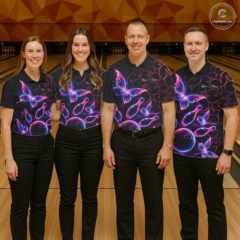 Neon Blue And Pink Butterfly Bowling Polo & 1/4-Zip Shirt For Women Custom Colorful Bowling Team Jersey NYN3266
