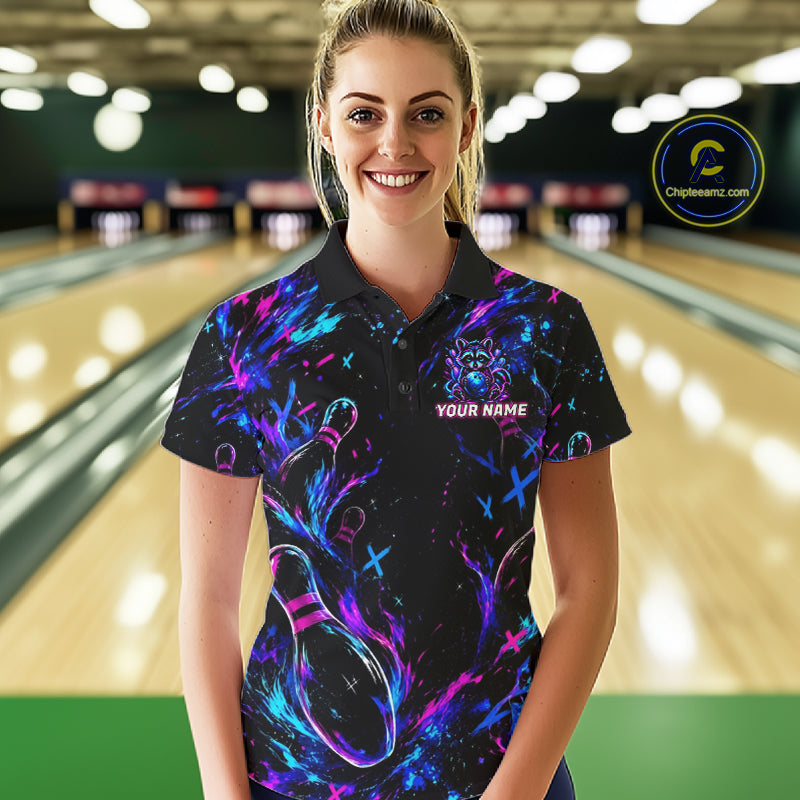 Splatter Neon Purple & Blue Bowling Shirts For Women Custom Funny Raccoon Team Bowling Jersey NYN3270