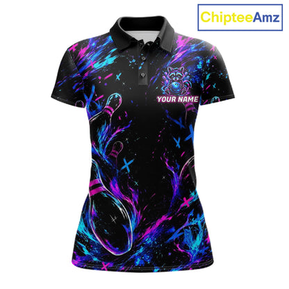 Splatter Neon Purple & Blue Bowling Shirts For Women Custom Funny Raccoon Team Bowling Jersey NYN3270