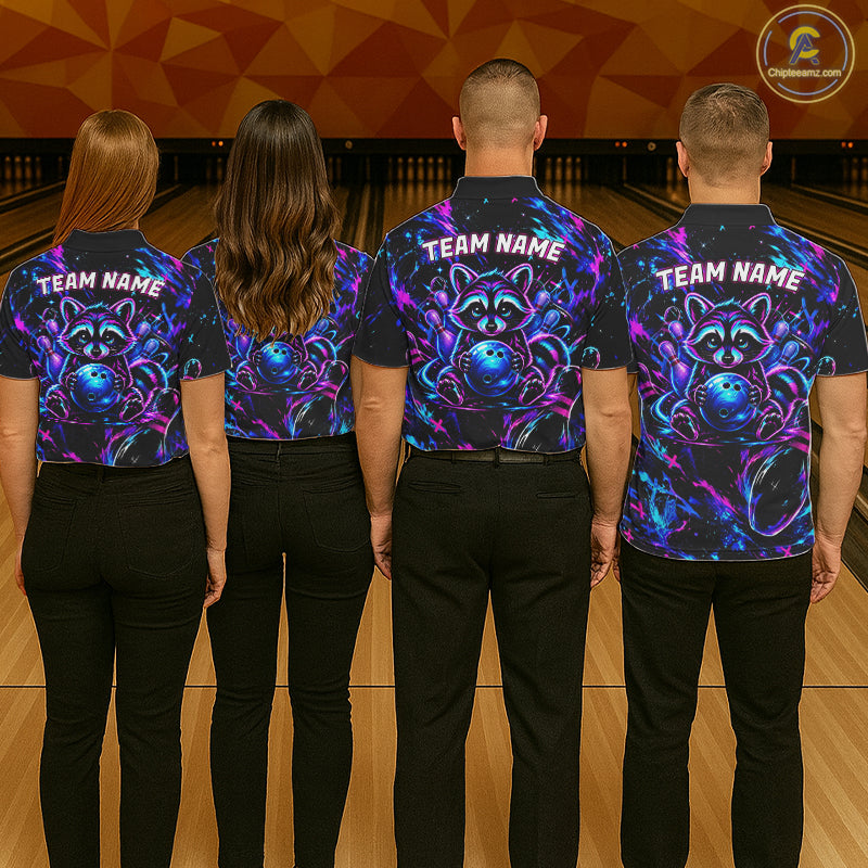 Splatter Neon Purple & Blue Bowling Shirts For Women Custom Funny Raccoon Team Bowling Jersey NYN3270