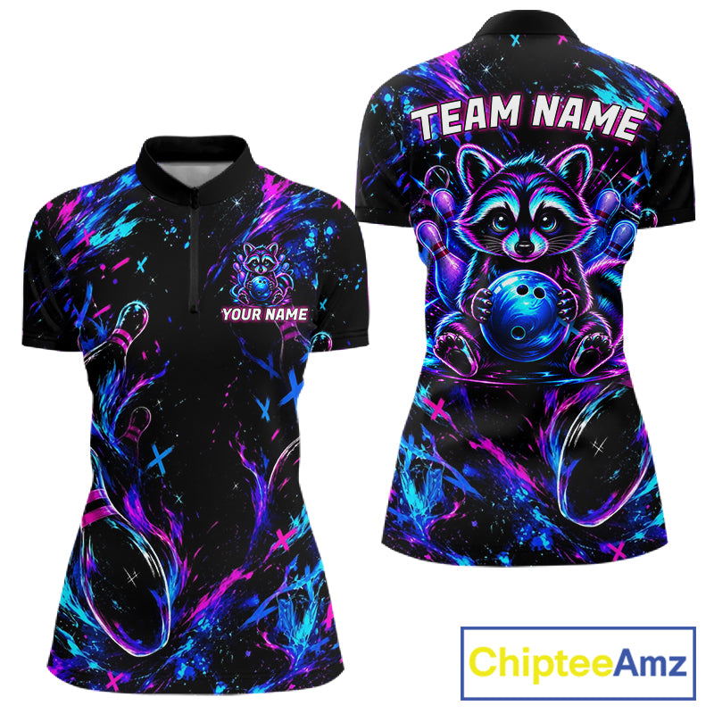 Splatter Neon Purple & Blue Bowling Shirts For Women Custom Funny Raccoon Team Bowling Jersey NYN3270