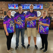 Load image into Gallery viewer, Men women darts team wearing Astronaut Galaxy Dartboard custom uniforms, colorful dart league jerseys