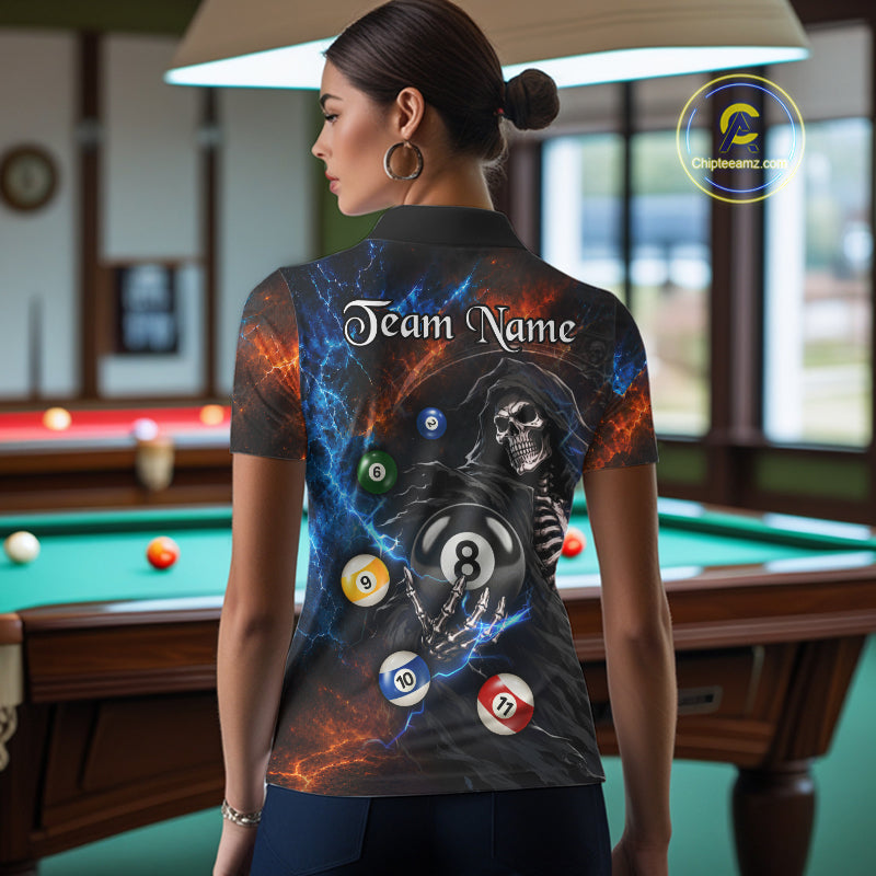Female model wearing Thunder Grim Reaper billiard polo, personalized pool team jersey, APA league apparel, sports club clothing, custom performance polo.