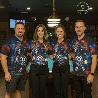 Professional pool team wearing Thunder Grim Reaper personalized jerseys, pool league uniforms, billiard championship apparel, matching custom team clothing.