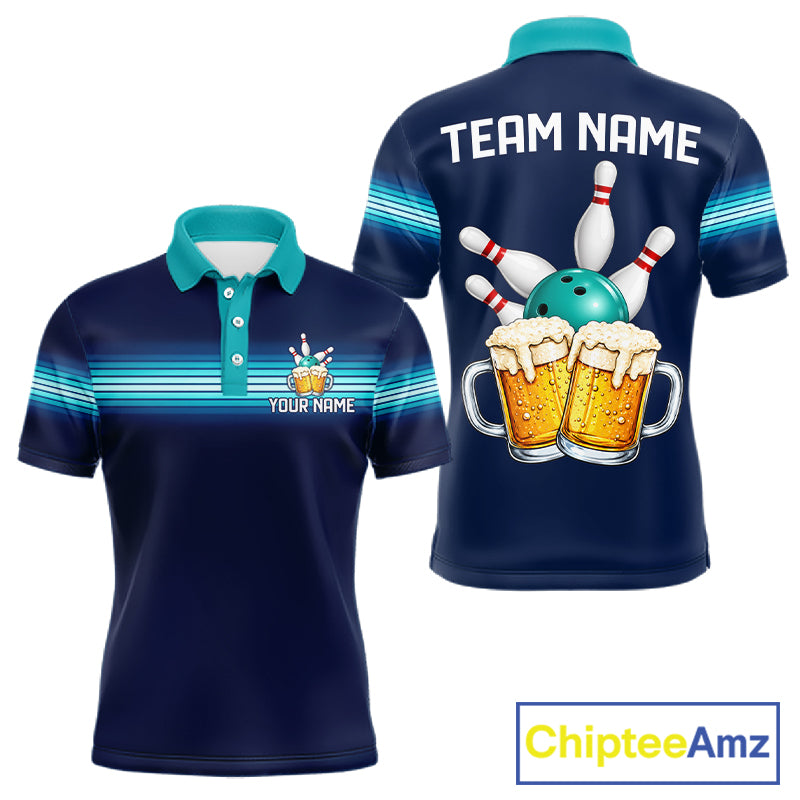Personalized Beer Bowling Polo Quarter-Zip Shirt For Men Custom Blue & Teal Bowling League Uniform NYN4547