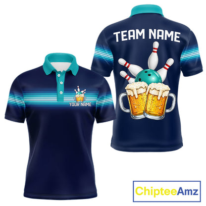 Personalized Beer Bowling Polo Quarter-Zip Shirt For Men Custom Blue & Teal Bowling League Uniform NYN4547
