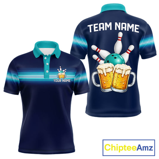 Personalized Beer Bowling Polo Quarter-Zip Shirt For Men Custom Blue & Teal Bowling League Uniform NYN4547