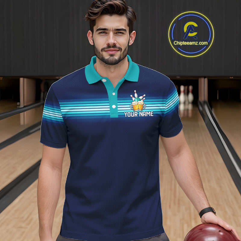 Personalized Beer Bowling Polo Quarter-Zip Shirt For Men Custom Blue & Teal Bowling League Uniform NYN4547