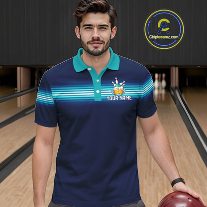 Personalized Beer Bowling Polo Quarter-Zip Shirt For Men Custom Blue & Teal Bowling League Uniform NYN4547