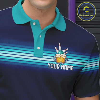 Personalized Beer Bowling Polo Quarter-Zip Shirt For Men Custom Blue & Teal Bowling League Uniform NYN4547
