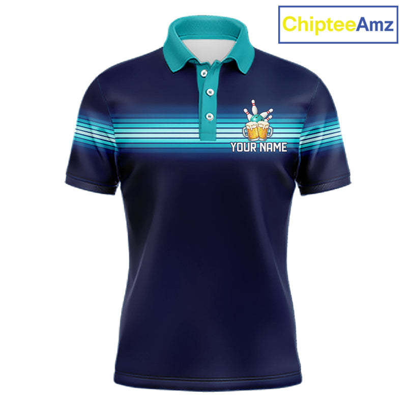 Personalized Beer Bowling Polo Quarter-Zip Shirt For Men Custom Blue & Teal Bowling League Uniform NYN4547