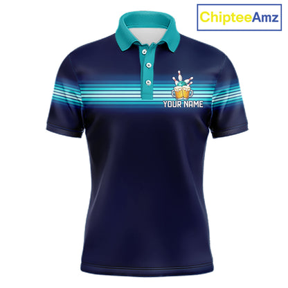 Personalized Beer Bowling Polo Quarter-Zip Shirt For Men Custom Blue & Teal Bowling League Uniform NYN4547