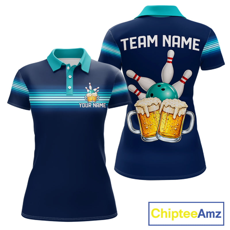 Personalized Beer Bowling Polo Quarter-Zip Shirt For Women Custom Blue & Teal Bowling League Uniform NYN4547
