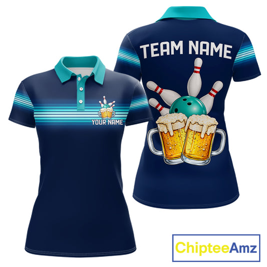 Personalized Beer Bowling Polo Quarter-Zip Shirt For Women Custom Blue & Teal Bowling League Uniform NYN4547