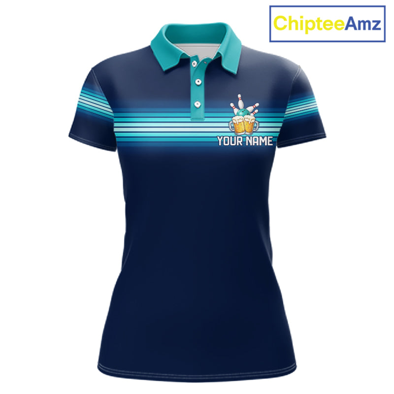 Personalized Beer Bowling Polo Quarter-Zip Shirt For Women Custom Blue & Teal Bowling League Uniform NYN4547