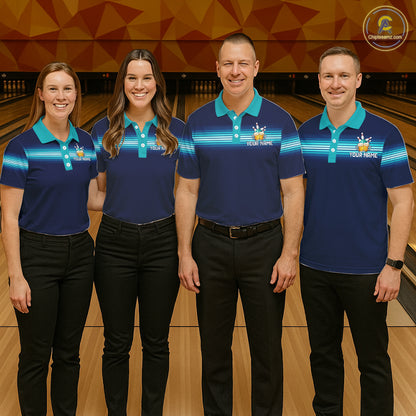 Personalized Beer Bowling Polo Quarter-Zip Shirt For Women Custom Blue & Teal Bowling League Uniform NYN4547