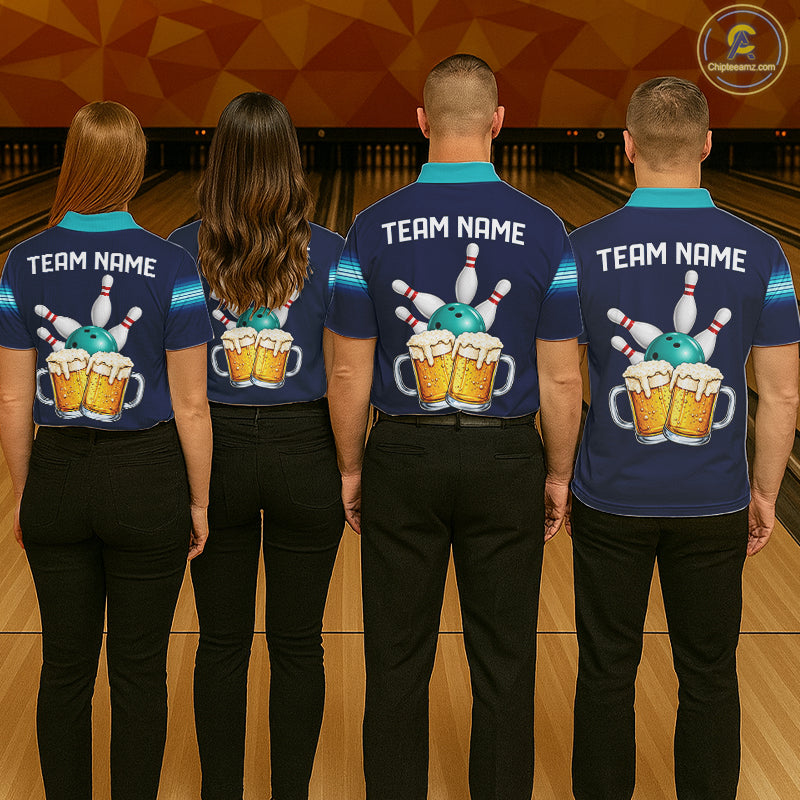 Personalized Beer Bowling Polo Quarter-Zip Shirt For Women Custom Blue & Teal Bowling League Uniform NYN4547