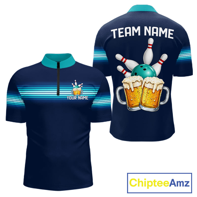 Personalized Beer Bowling Polo Quarter-Zip Shirt For Men Custom Blue & Teal Bowling League Uniform NYN4547