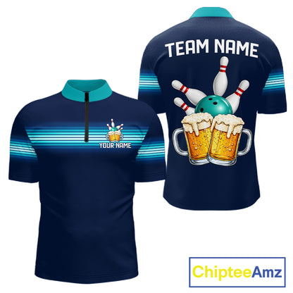 Personalized Beer Bowling Polo Quarter-Zip Shirt For Men Custom Blue & Teal Bowling League Uniform NYN4547