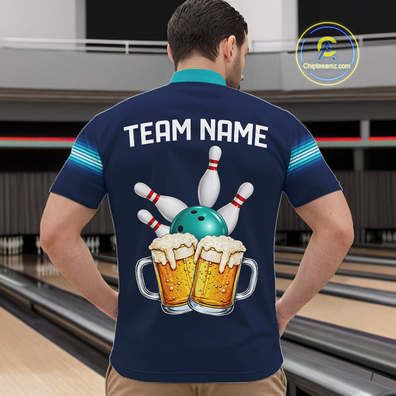 Personalized Beer Bowling Polo Quarter-Zip Shirt For Men Custom Blue & Teal Bowling League Uniform NYN4547