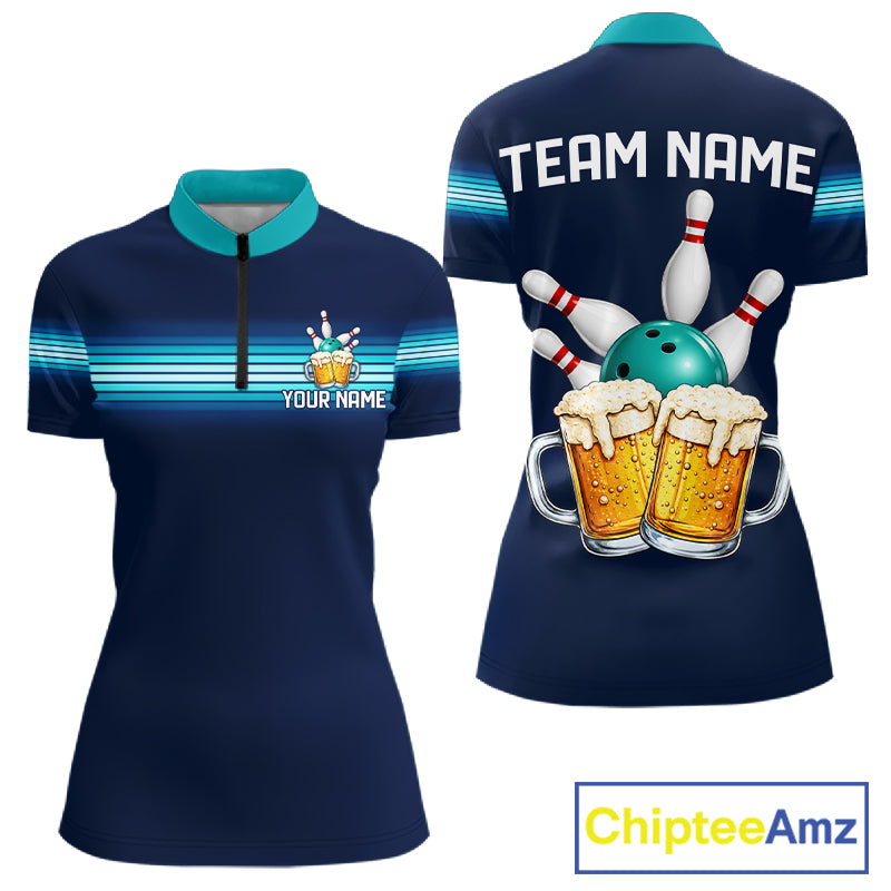 Personalized Beer Bowling Polo Quarter-Zip Shirt For Women Custom Blue & Teal Bowling League Uniform NYN4547