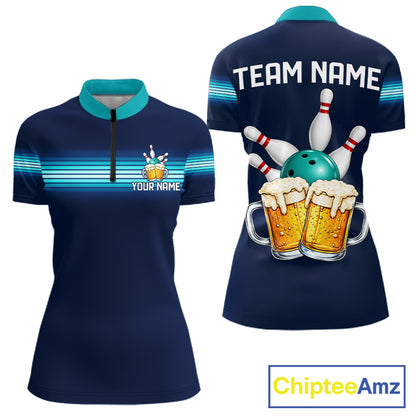 Personalized Beer Bowling Polo Quarter-Zip Shirt For Women Custom Blue & Teal Bowling League Uniform NYN4547