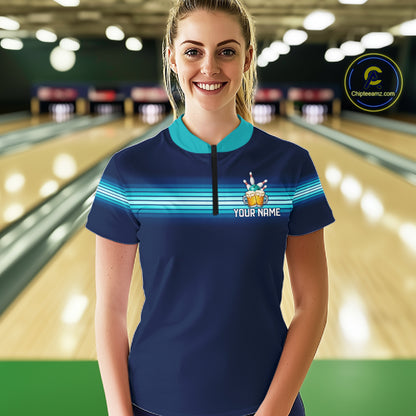 Personalized Beer Bowling Polo Quarter-Zip Shirt For Women Custom Blue & Teal Bowling League Uniform NYN4547