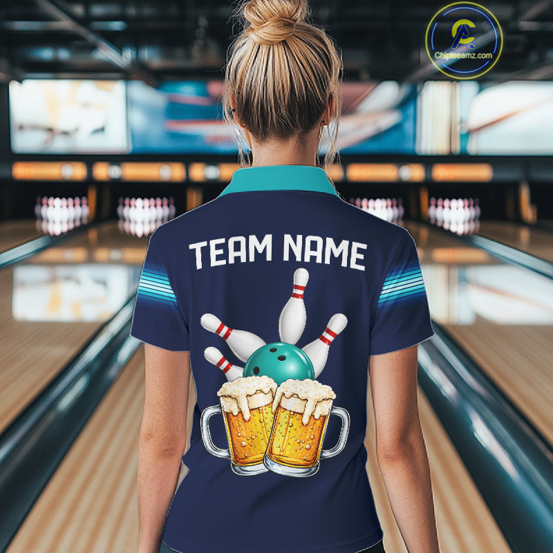Personalized Beer Bowling Polo Quarter-Zip Shirt For Women Custom Blue & Teal Bowling League Uniform NYN4547