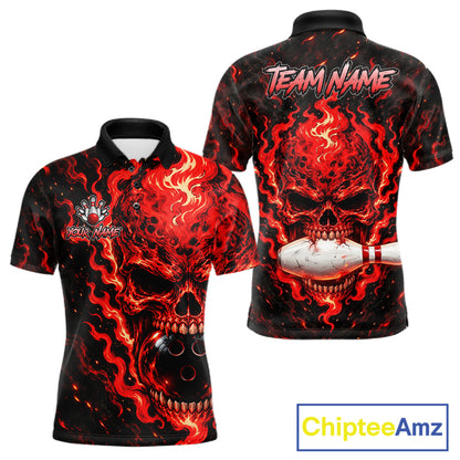 Custom Red Fire Skull Mens Bowling Polo Quarter-Zip Personalized Flaming Skull Bowling Jersey NYN4555