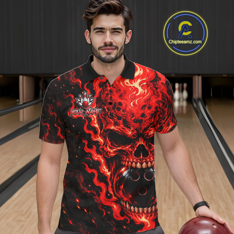 Custom Red Fire Skull Mens Bowling Polo Quarter-Zip Personalized Flaming Skull Bowling Jersey NYN4555