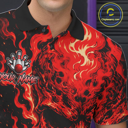 Custom Red Fire Skull Mens Bowling Polo Quarter-Zip Personalized Flaming Skull Bowling Jersey NYN4555