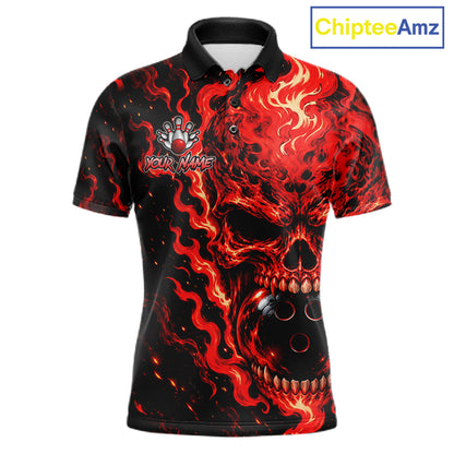 Custom Red Fire Skull Mens Bowling Polo Quarter-Zip Personalized Flaming Skull Bowling Jersey NYN4555