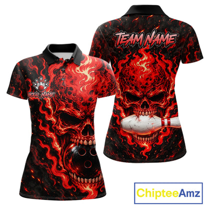 Custom Red Fire Skull Women Bowling Polo Quarter-Zip Personalized Flaming Skull Bowling Jersey NYN4555