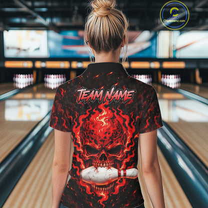 Custom Red Fire Skull Women Bowling Polo Quarter-Zip Personalized Flaming Skull Bowling Jersey NYN4555