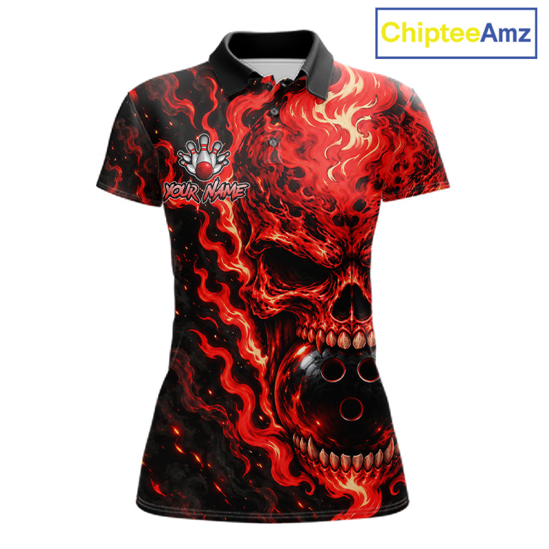 Custom Red Fire Skull Women Bowling Polo Quarter-Zip Personalized Flaming Skull Bowling Jersey NYN4555