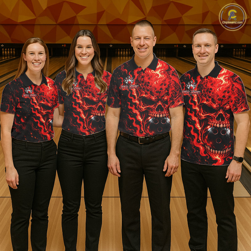 Custom Red Fire Skull Mens Bowling Polo Quarter-Zip Personalized Flaming Skull Bowling Jersey NYN4555