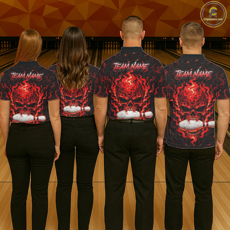 Custom Red Fire Skull Mens Bowling Polo Quarter-Zip Personalized Flaming Skull Bowling Jersey NYN4555