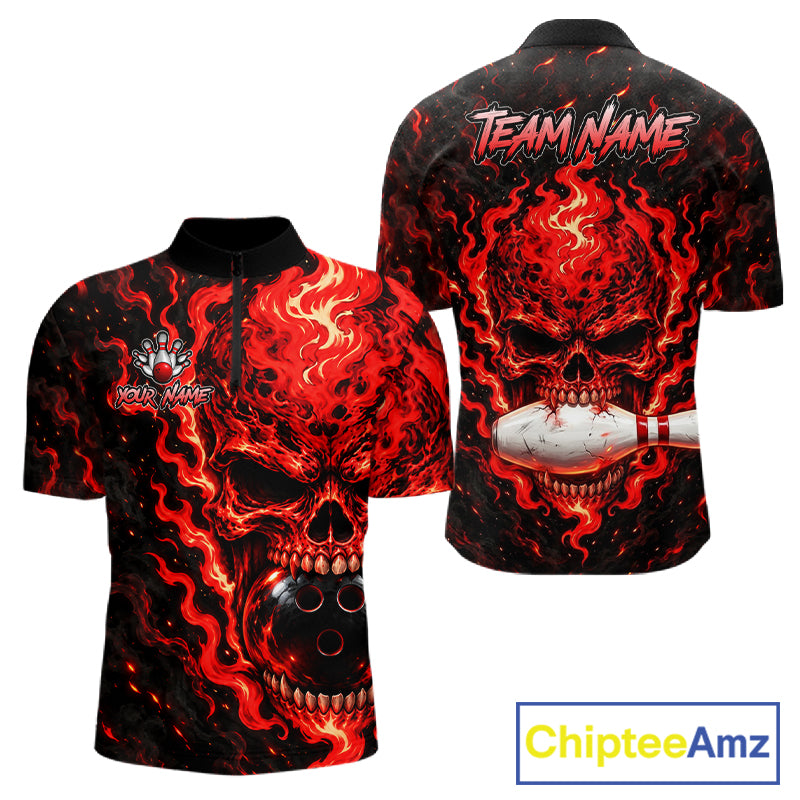 Custom Red Fire Skull Mens Bowling Polo Quarter-Zip Personalized Flaming Skull Bowling Jersey NYN4555