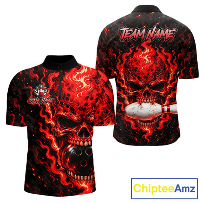 Custom Red Fire Skull Mens Bowling Polo Quarter-Zip Personalized Flaming Skull Bowling Jersey NYN4555