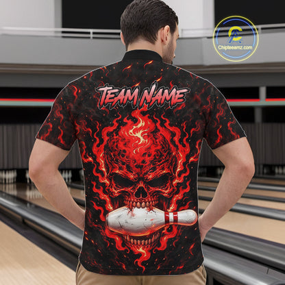 Custom Red Fire Skull Mens Bowling Polo Quarter-Zip Personalized Flaming Skull Bowling Jersey NYN4555