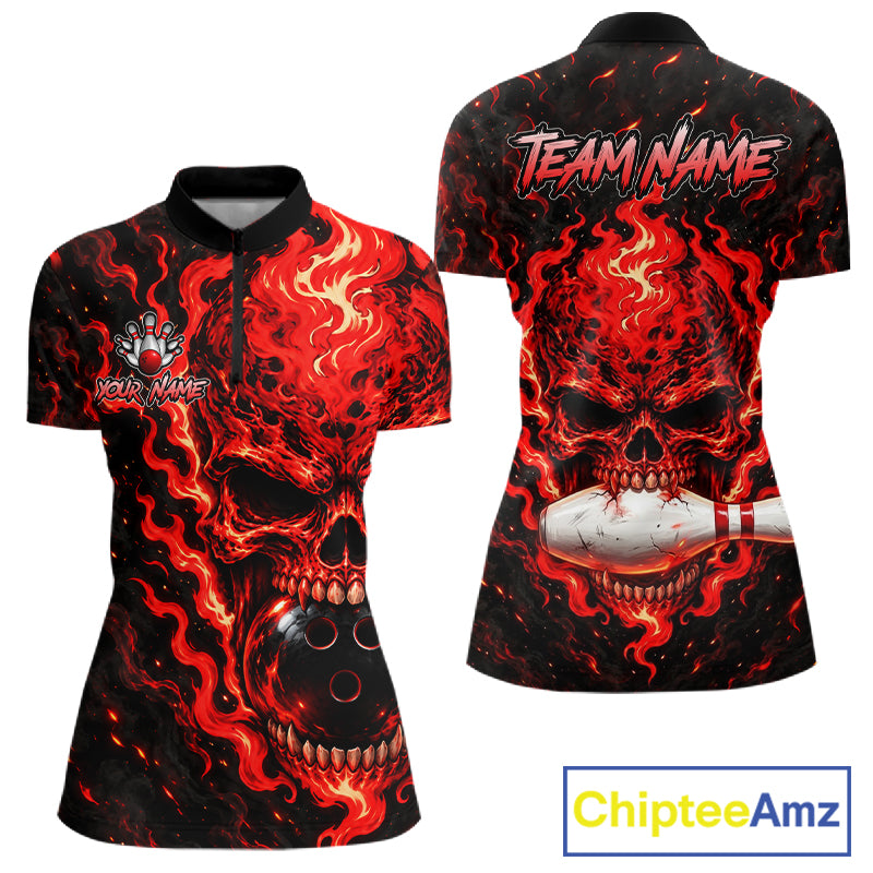 Custom Red Fire Skull Women Bowling Polo Quarter-Zip Personalized Flaming Skull Bowling Jersey NYN4555