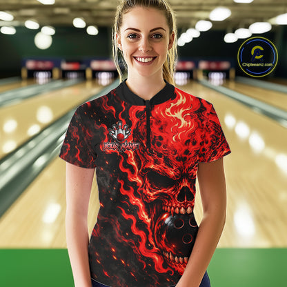 Custom Red Fire Skull Women Bowling Polo Quarter-Zip Personalized Flaming Skull Bowling Jersey NYN4555