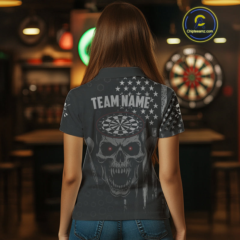 Custom Black Grey Grunge Skull Patriotic Dart Women Polo Jerseys USA Flag Dart Shirts NYN1726