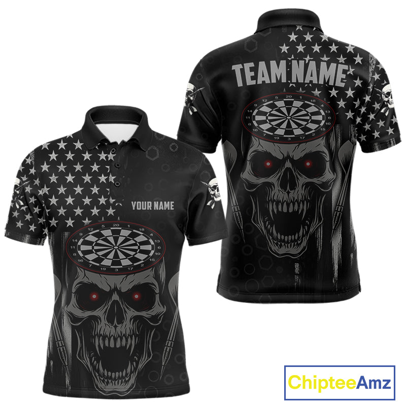 Custom Black Grey Grunge Skull Patriotic Dart Men Polo Jerseys USA Flag Dart Shirts NYN1726