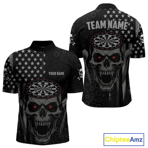 Custom Black Grey Grunge Skull Patriotic Dart Men Quarter-Zip Jerseys USA Flag Dart Shirts NYN1726