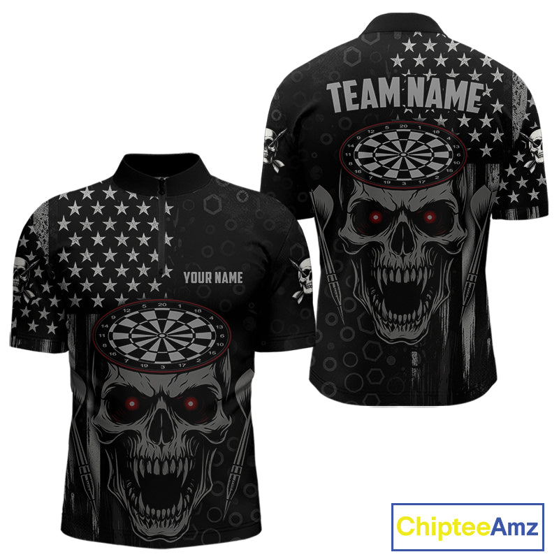Custom Black Grey Grunge Skull Patriotic Dart Men Quarter-Zip Jerseys USA Flag Dart Shirts NYN1726