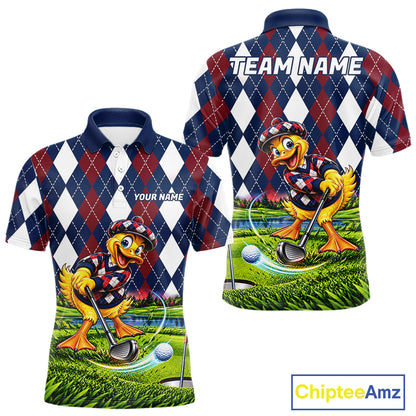 Custom Argyle Duck Men Golf Polo Shirt Funny Duck Golfer Maroon Navy Argyle Golf Jersey Golf Gift NYN4939